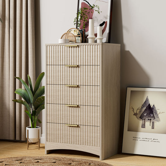 CHITOOMA Modern 5 Drawer Dresser for Bedroom, Fluted Wood Chest of Drawers with Gold Handles, Tall Storage Cabinet for Living Room, Natural