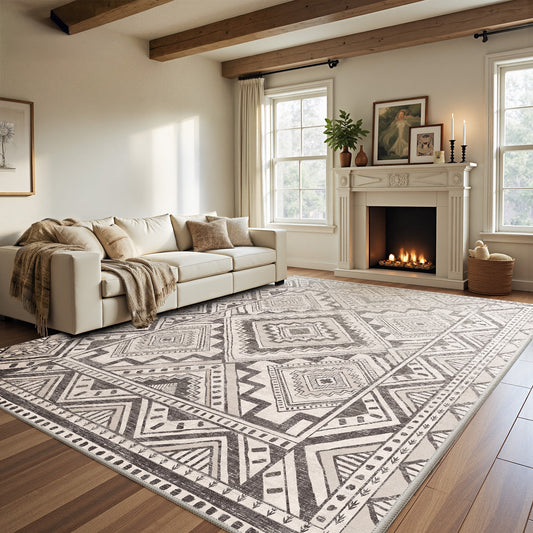 CHITOOMA 8'x10' Area Rugs for Living Room, Washable Boho Moroccan Rug Soft Vintage Distressed Geometric Tribal Area Rug for Bedroom Dining Room Office with Non-Slip Backing, Stain Resistant Non-Shed