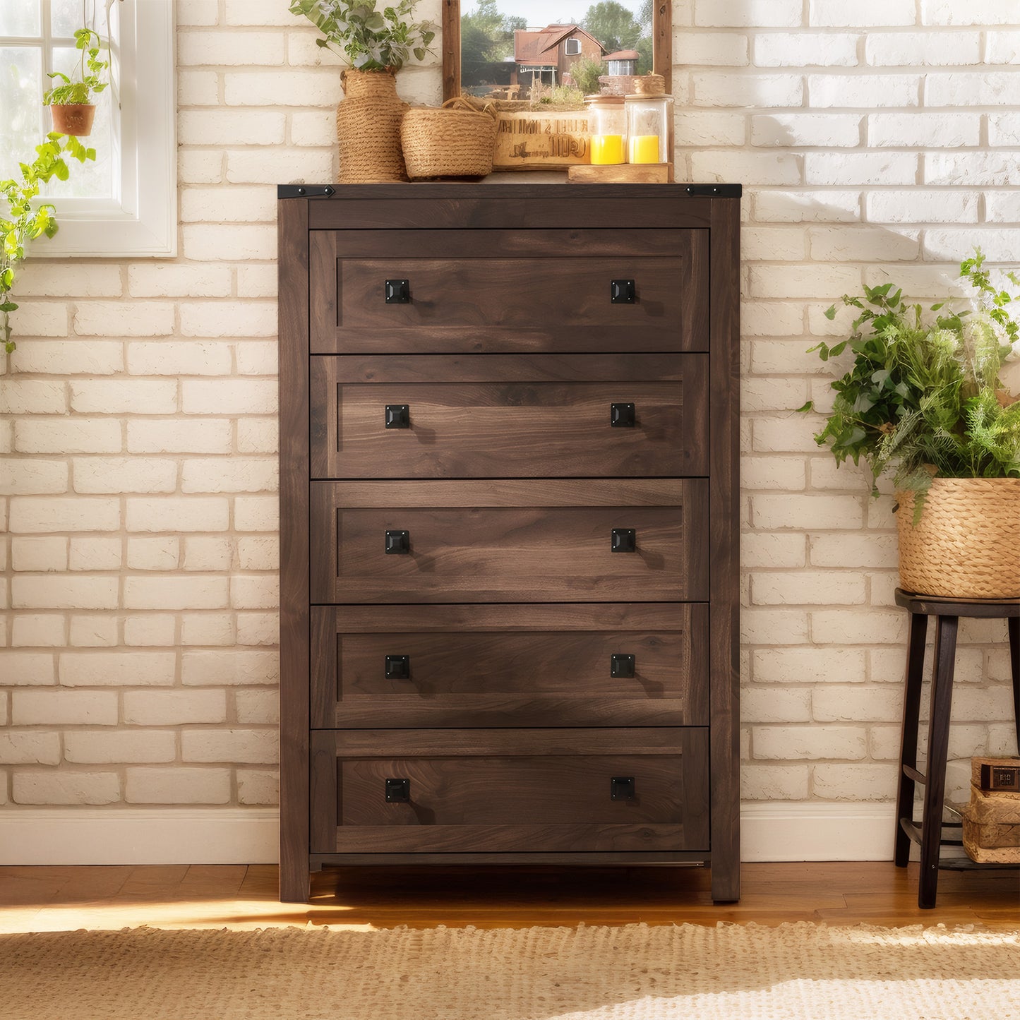 CHITOOMA 5 Drawer Dressers for Bedroom, Adult Tall Wooden Storage Cabine with Double Handle, Chest of Drawers for Living Room Hallway, Walnut