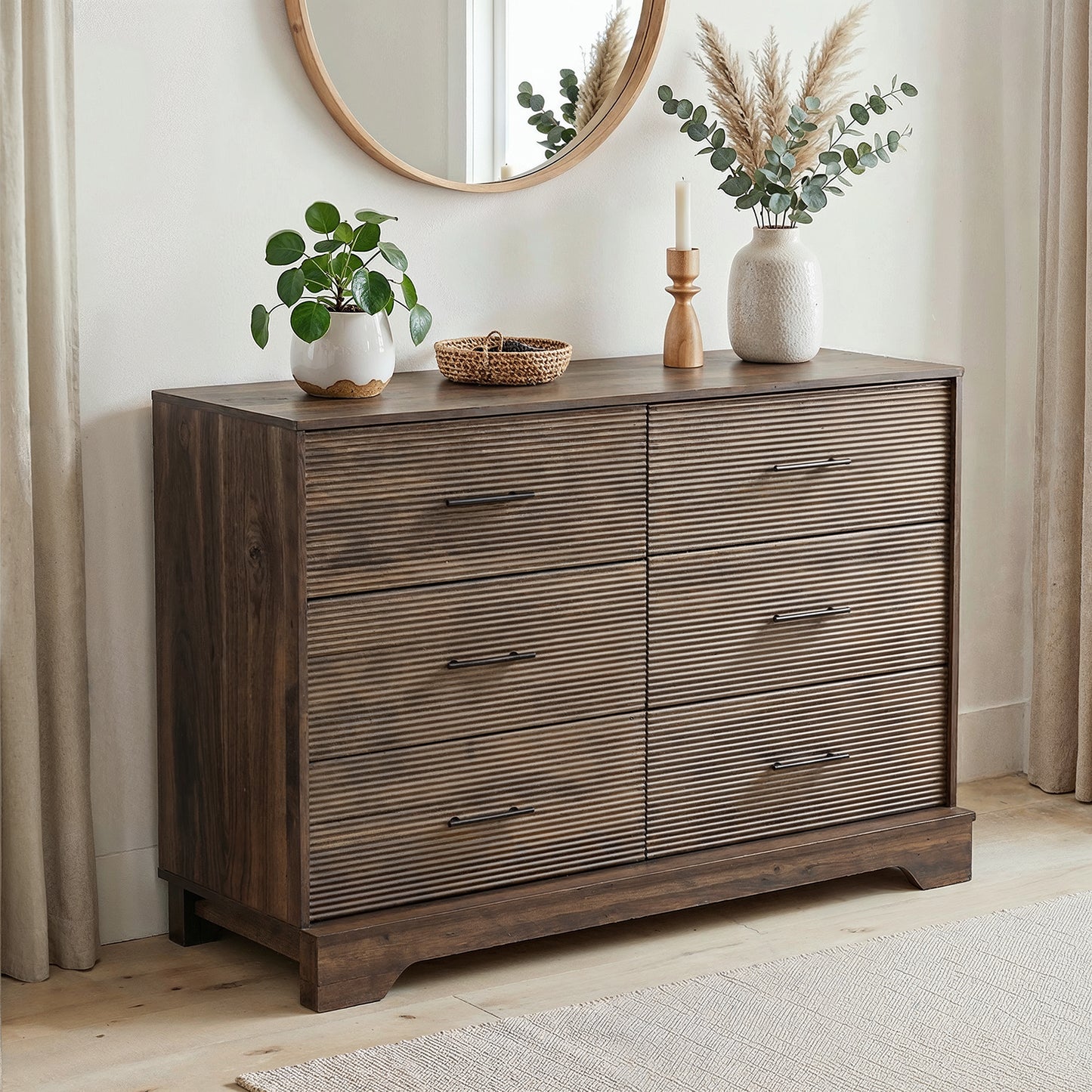 CHITOOMA 6 Drawer Fluted Dresser for Bedroom, Modern Wooden Long Dresser, Storage Cabine Chest of Drawers for Living Room Hallway, Walnut