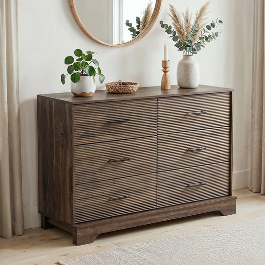 CHITOOMA 6 Drawer Fluted Dresser for Bedroom, Modern Wooden Long Dresser, Storage Cabine Chest of Drawers for Living Room Hallway, Walnut