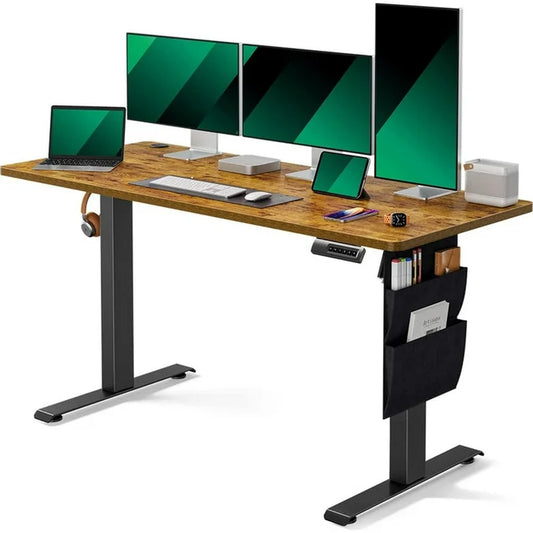 CHITOOMA 55" x 24" Electric Standing Desk with Storage Bag, Adjustable Height Sit to Stand Desk with 4 Memory Pre-Set, Headphone Hook for Home Office, Rustic Brown
