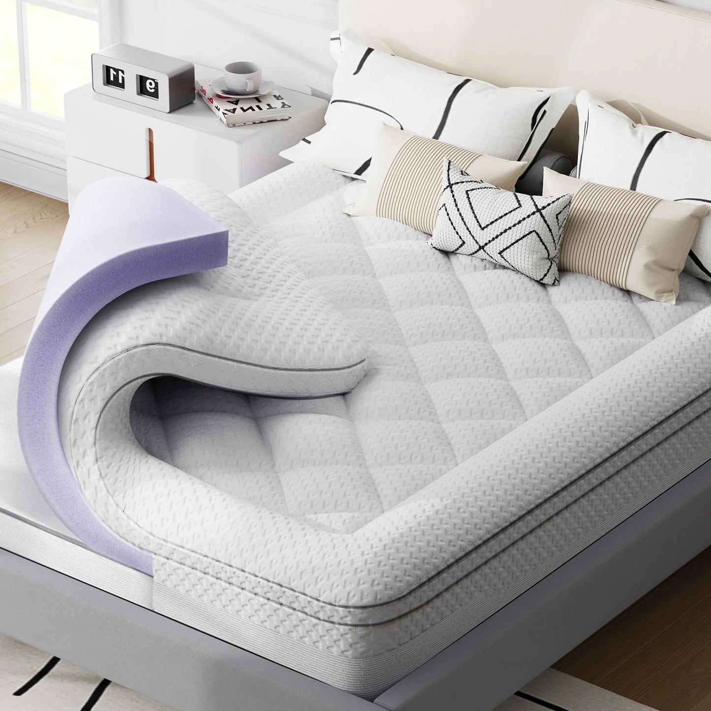 Queen Size Dual Layer 4 Inch Memory Foam Mattress Topper, 2" Gel Memory Foam and 2" Pillow Top Mattress Pad for Back Pain Relief, Medium Support, Non-Slip, CertiPUR-US Certified