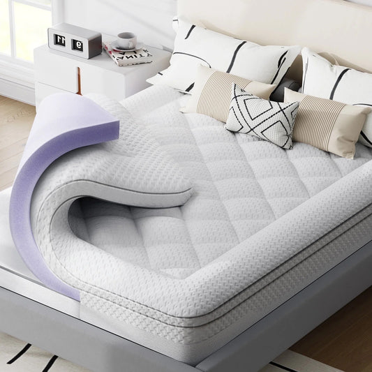 Queen Size Dual Layer 4 Inch Memory Foam Mattress Topper, 2" Gel Memory Foam and 2" Pillow Top Mattress Pad for Back Pain Relief, Medium Support, Non-Slip, CertiPUR-US Certified