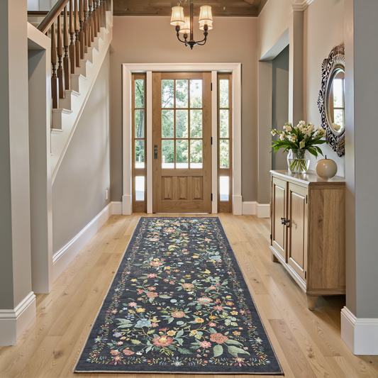 CHITOOMA 2.6'x8' Boho Runner Rug for Hallway, Machine Washable Stain Resistant Non-Shed Carpet, Floral Runner Rug with Non-Slip Backing for Kitchen, Entryway, Bedroom, Laundry, Bathroom