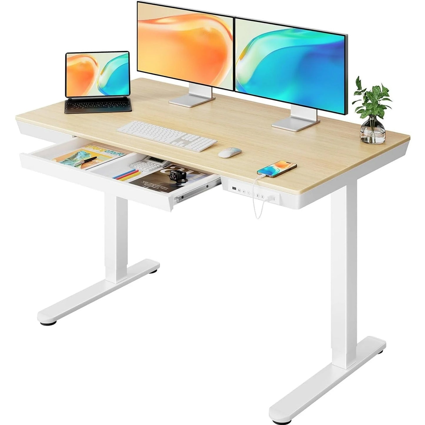 CHITOOMA One Piece Electric Standing Desk with Drawer, 48" x 24" Maple Wood-top Height Adjustable Office Desk with USB Charging Ports, Sit to Stand Desk for Home