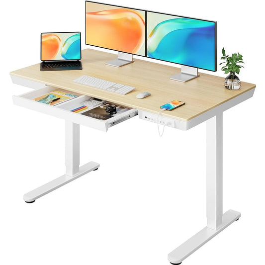 CHITOOMA One Piece Electric Standing Desk with Drawer, 48" x 24" Maple Wood-top Height Adjustable Office Desk with USB Charging Ports, Sit to Stand Desk for Home