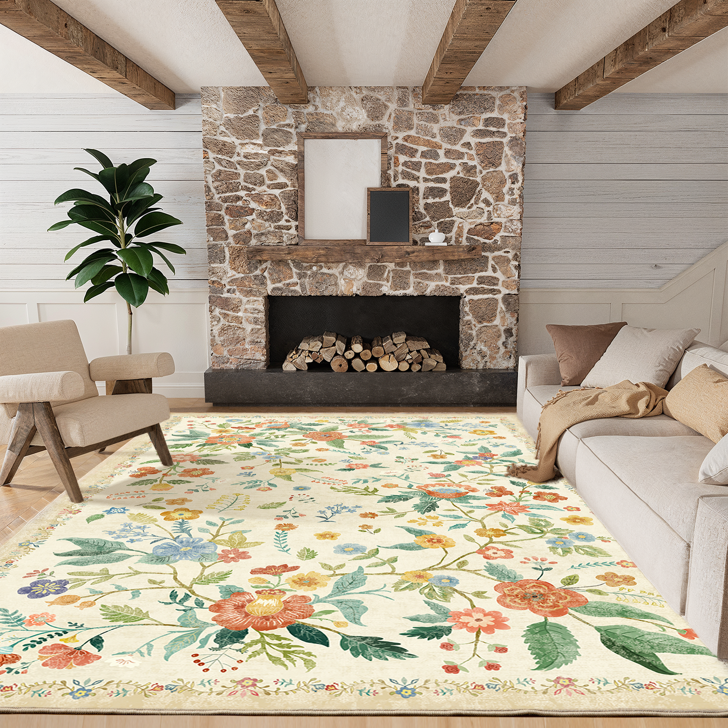 CHITOOMA 5'x7' Boho Area Rugs for Living Room, Machine Washable Stain Resistant Non-Shed Carpet, Floral Area Rug with Non-Slip Backing for Bedroom, Dining Room, Dorm, Office