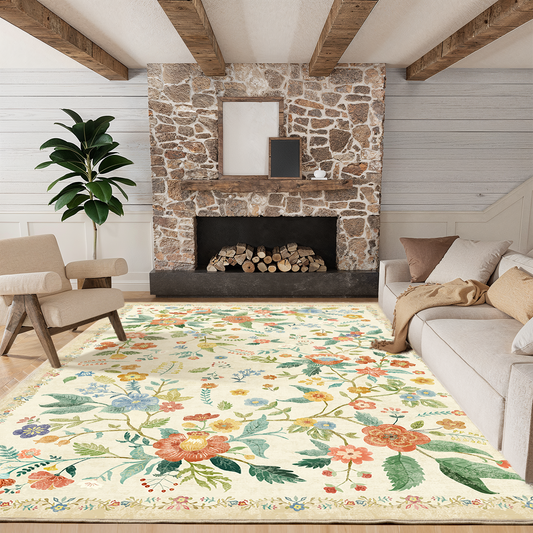 CHITOOMA 5'x7' Boho Area Rugs for Living Room, Machine Washable Stain Resistant Non-Shed Carpet, Floral Area Rug with Non-Slip Backing for Bedroom, Dining Room, Dorm, Office