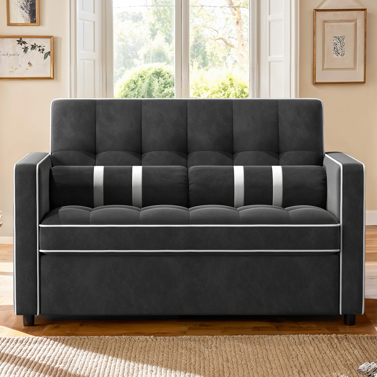 CHITOOMA 3 in 1 Pull Out Sofa Bed with Adjustable Backrest, 70" Convertible Loveseat Sleeper Couch with Charging Port, Side Pockets & Cylinder Pillows for Living Room Apartment, Black