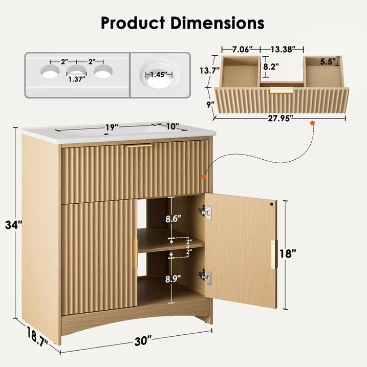 30 Inch Bathroom Vanity with Ceramic Sink, Freestanding Bathroom Cabinet with U-Shaped Drawer and Adjustable Shelf, Modern Fluted Vanity Set, Natural Oak