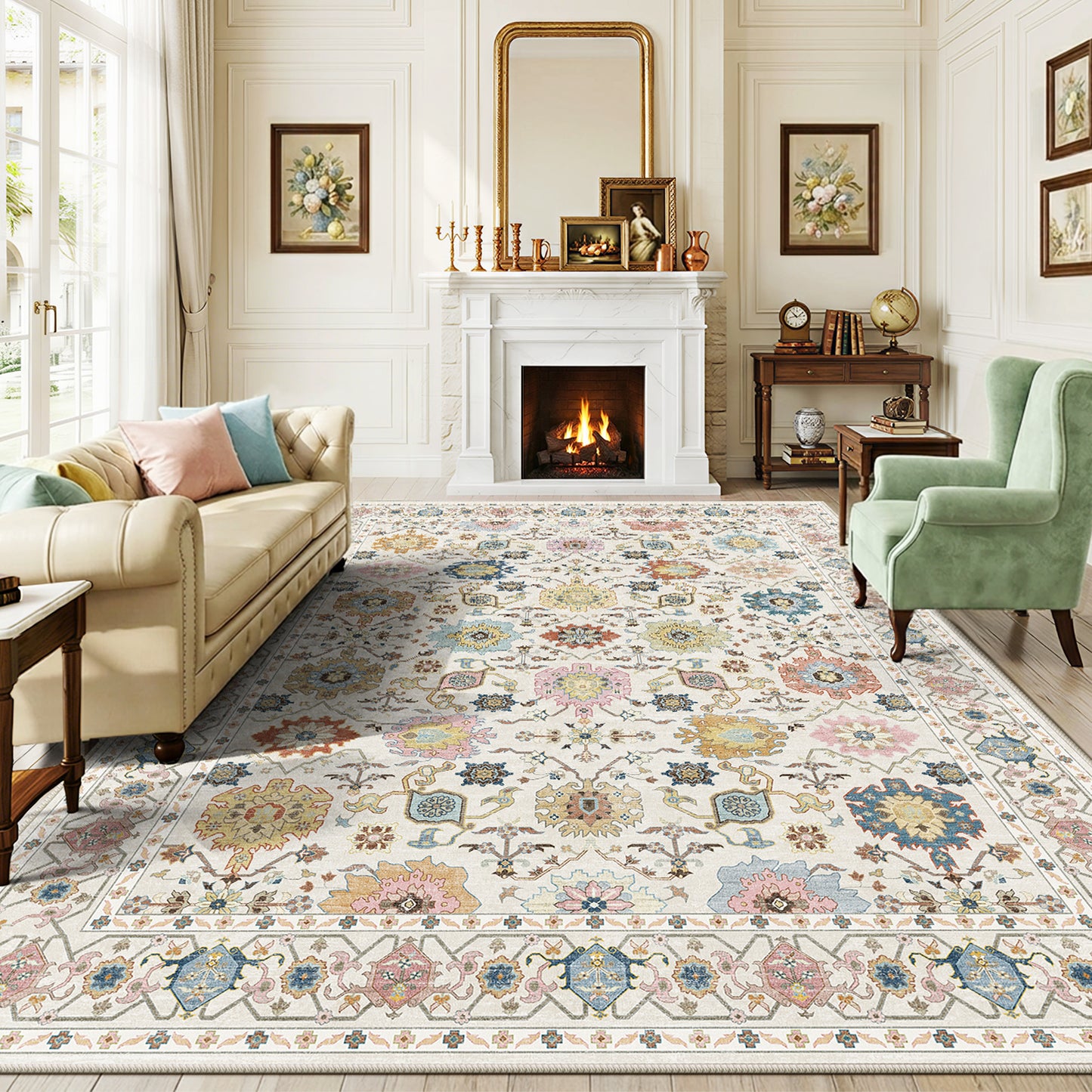 CHITOOMA 9'x12' Area Rugs for Living Room, Boho Machine Washable Stain Resistant Non-Shed Carpet, Floral Area Rug with Non-Slip Backing for Bedroom, Dining Room, Dorm, Office