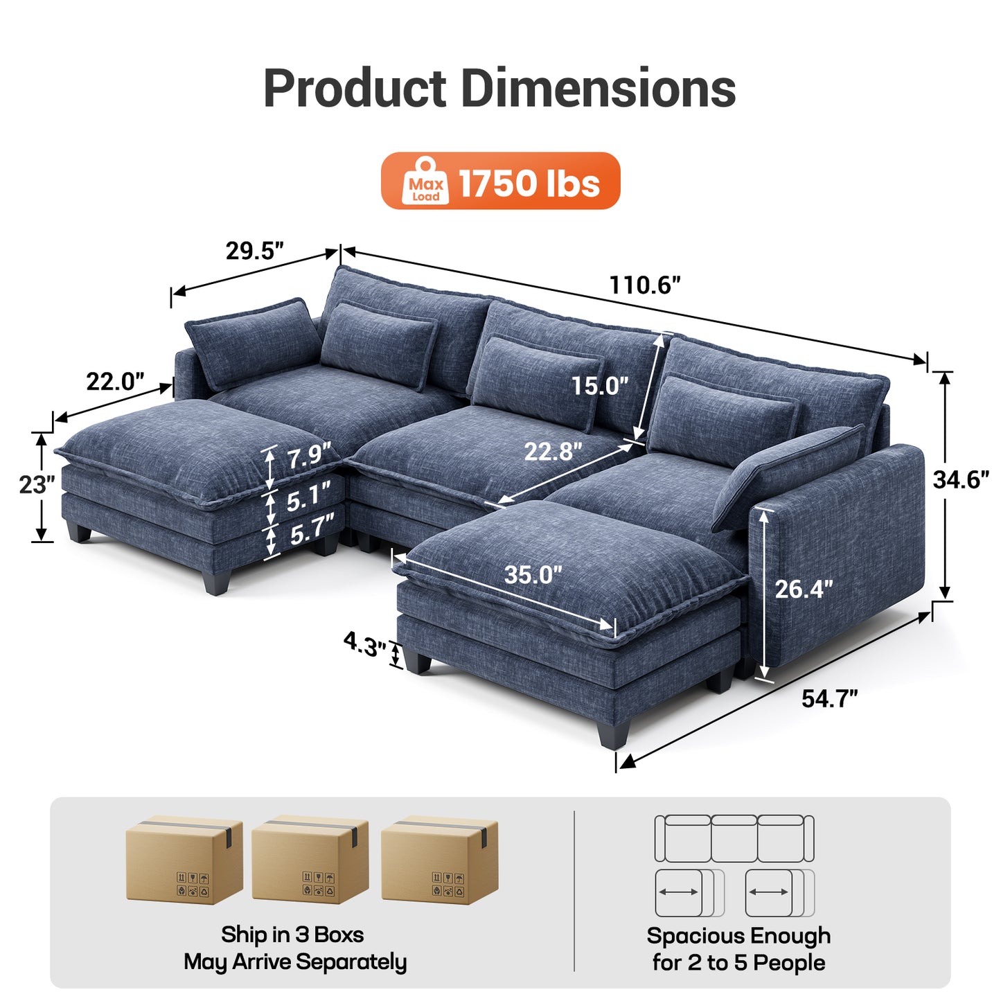 CHITOOMA 111" Modular Sectional Sofa with 2 Movable Ottomans, U-Shaped Oversized 3-Seat Chenille Cloud Sofa with 5 Pillows for Living Room, Blue