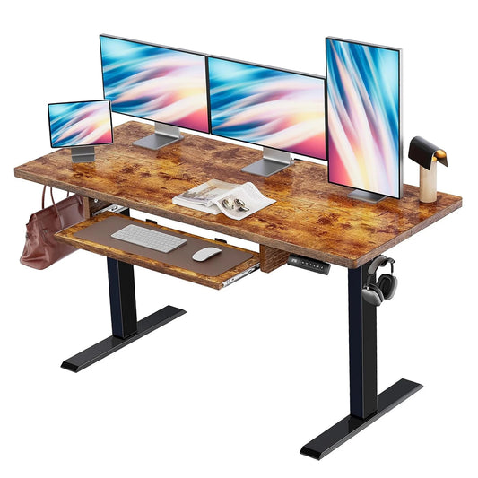 55" x 24" Electric Standing Desk with Keyboard Tray, Height Adjustable Sit Stand up Desk with Headphone Hook & 4 Height Memory Pre-Set for Home Office, Rustic Brown