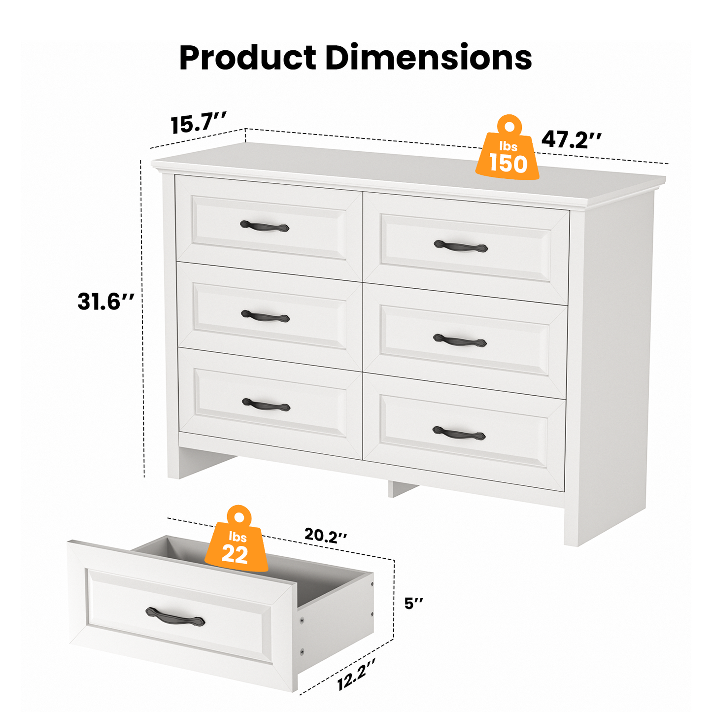 CHITOOMA White Dressers for Bedroom 6 Drawer, 47.2" Adult Wooden Dresser, Double Storage Cabine Chest of Drawers for Living Room, Hallway