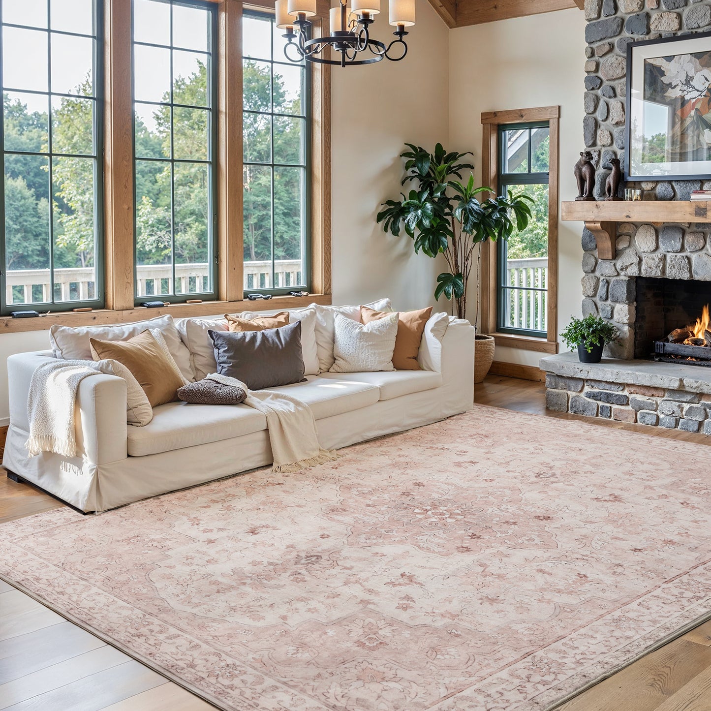 CHITOOMA 8'x10' Machine-washable Area Rugs for Living Room, Stain Resistant Non-Shed Carpet, Boho Floral Area Rugs with Non-Slip Backing for Bedroom, Dining Room, Dorm, Office
