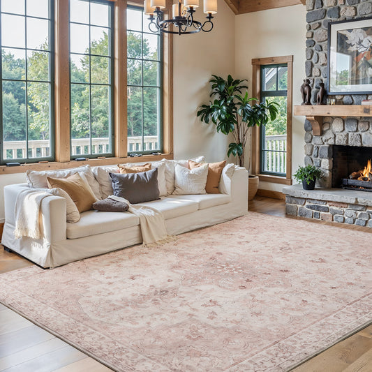 CHITOOMA 8'x10' Machine-washable Area Rugs for Living Room, Stain Resistant Non-Shed Carpet, Boho Floral Area Rugs with Non-Slip Backing for Bedroom, Dining Room, Dorm, Office