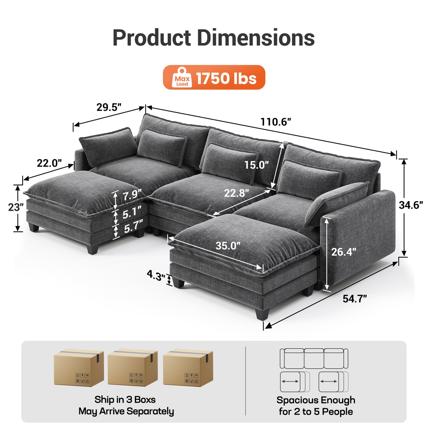CHITOOMA 111" Modular Sectional Sofa with 2 Movable Ottomans, U-Shaped Oversized 3-Seat Chenille Cloud Sofa with 5 Pillows for Living Room, Gray