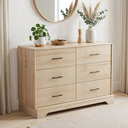 CHITOOMA 6 Drawer Fluted Dresser for Bedroom, Modern Wooden Long Dresser, Storage Cabine Chest of Drawers for Living Room Hallway, Natural