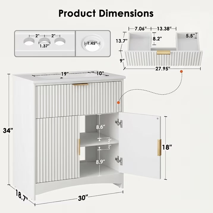 30 Inch Bathroom Vanity with Ceramic Sink, Freestanding Bathroom Cabinet with U-Shaped Drawer and Adjustable Shelf, Modern Fluted Vanity Set, White