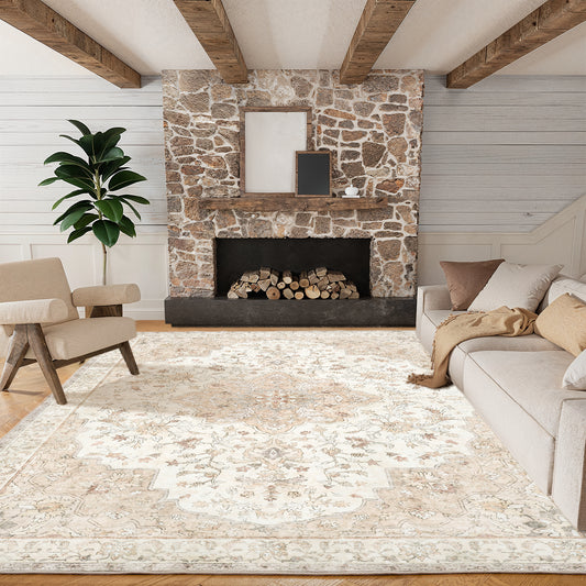CHITOOMA 9'x12' Boho Area Rugs for Living Room, Machine Washable Floral Area Rug with Non-Slip Backing, Stain Resistant Non-Shed Carpet for Bedroom, Dining Room, Dorm, Office