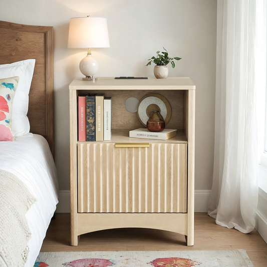 CHITOOMA Fluted Nightstand with Charging Station, Wood Bedside Table with Drawer & Open Shelf, Small End Table for Bedroom Living Room, Natural