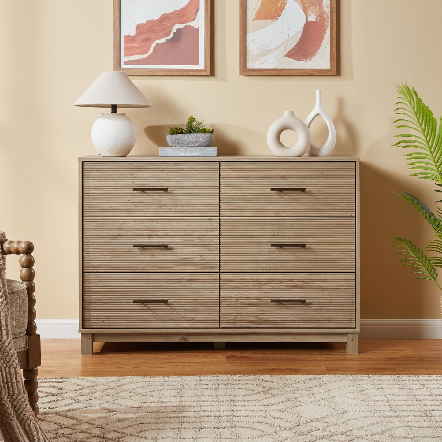 CHITOOMA 6 Drawer Fluted Dresser for Bedroom, Modern Wooden Long Dresser, Storage Cabine Chest of Drawers for Living Room Hallway, Natural