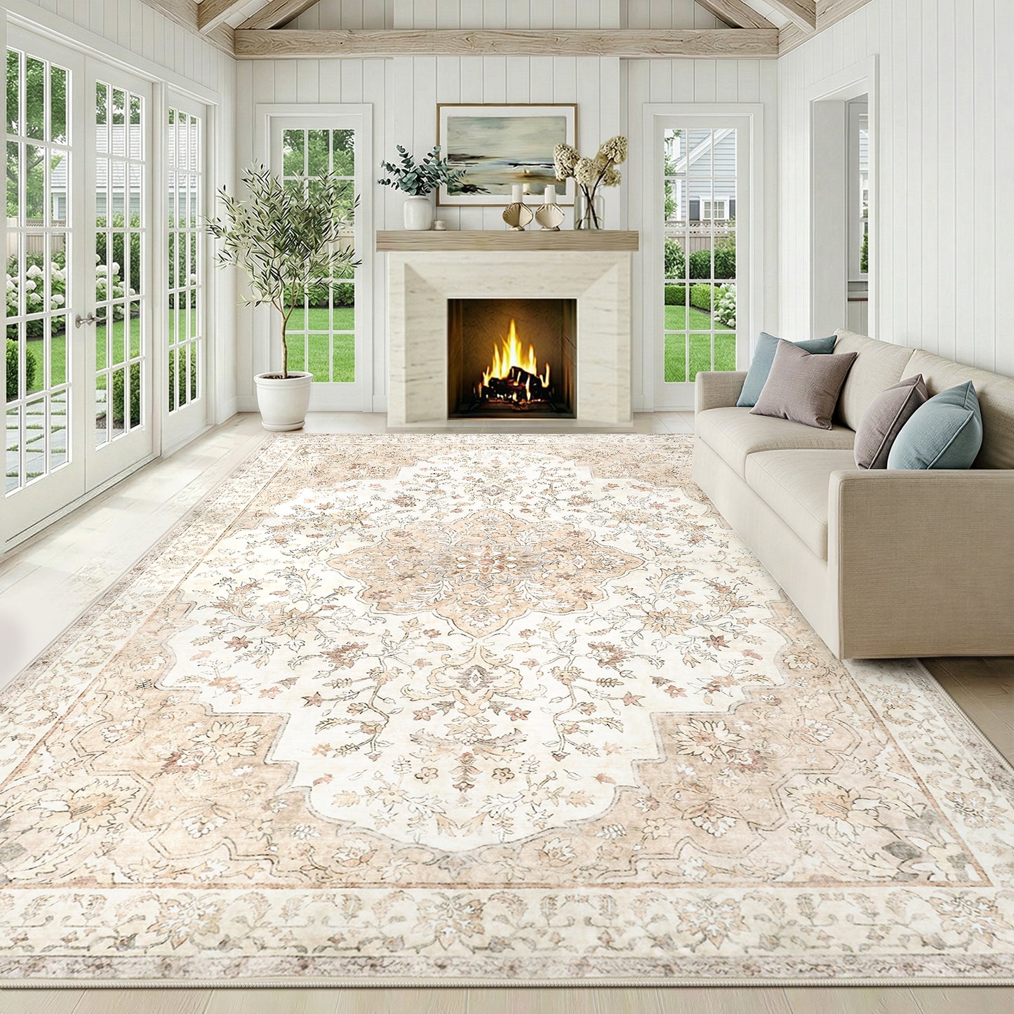 CHITOOMA 10'x14' Area Rugs for Living Room, Boho Machine Washable Stain Resistant Non-Shed Carpet, Floral Area Rug with Non-Slip Backing for Bedroom, Dining Room, Dorm, Office