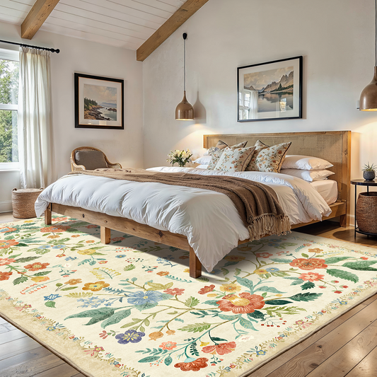 CHITOOMA 6'x9' Boho Area Rugs for Living Room, Machine Washable Stain Resistant Non-Shed Carpet, Floral Area Rug with Non-Slip Backing for Bedroom, Dining Room, Dorm, Office