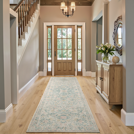 CHITOOMA 2.6'x8' Boho Runner Rug for Hallway, Machine Washable Stain Resistant Non-Shed Carpet, Floral Runner Rug with Non-Slip Backing for Kitchen, Entryway, Bedroom, Laundry, Bathroom