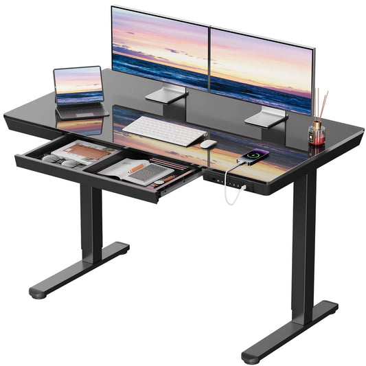 CHITOOMA Glass Top Electric Standing Desk with Drawer, 48'' x 24'' Electric Height Adjustable Desk with USB Charging Ports, Sit Stand up for Home Office
