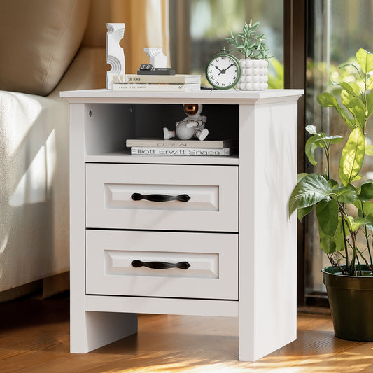 CHITOOMA 2-Drawer Nightstand with Charging Station, Wood Bedside Table with Open Shelf, Small End Table for Bedroom Living Room, White