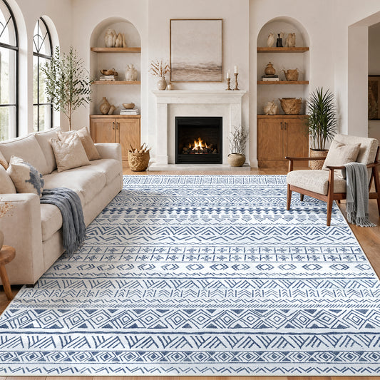 CHITOOMA 9'x12' Area Rugs for Living Room, Washable Rugs Boho Soft Geometric Bohemian Carpet Indoor Rug for Bedroom Dining Room Office Nonslip Foldable Rug