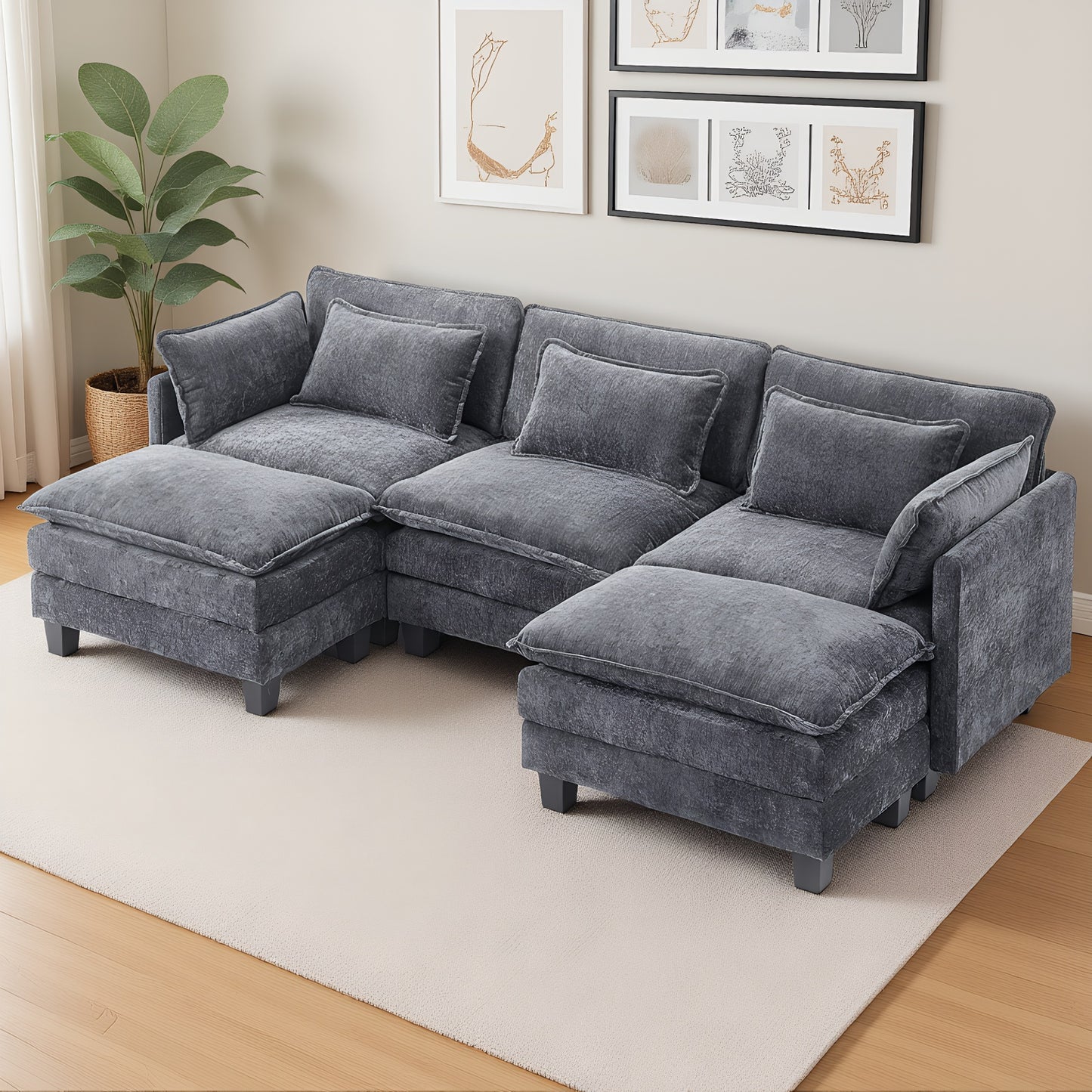 CHITOOMA 111" Modular Sectional Sofa with 2 Movable Ottomans, U-Shaped Oversized 3-Seat Chenille Cloud Sofa with 5 Pillows for Living Room, Gray