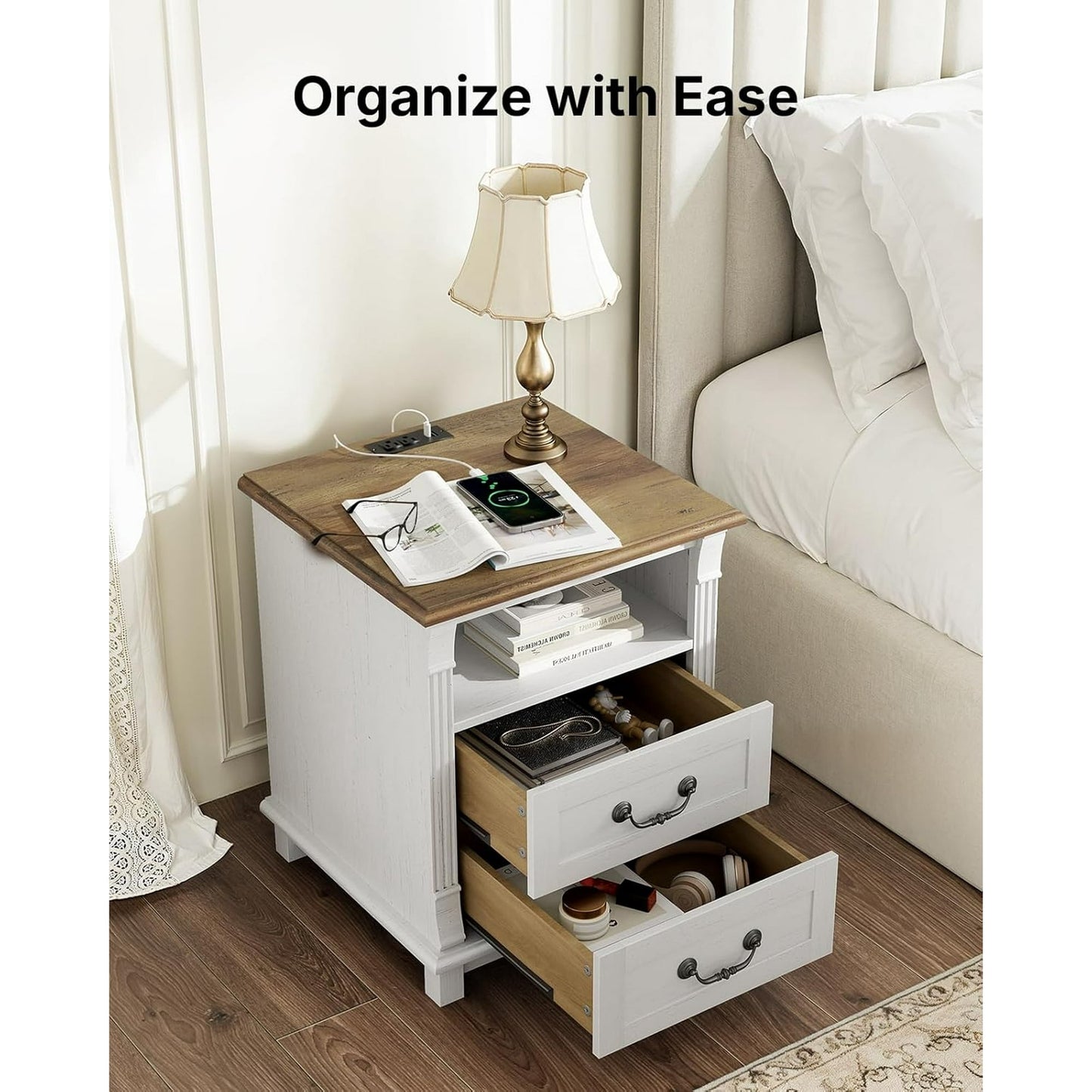 CHITOOMA Nightstand with Charging Station, 18" Bedside Table with USB Ports and AC Outlets, 2-drawer, Farmhouse Wood Side Table for Bedroom