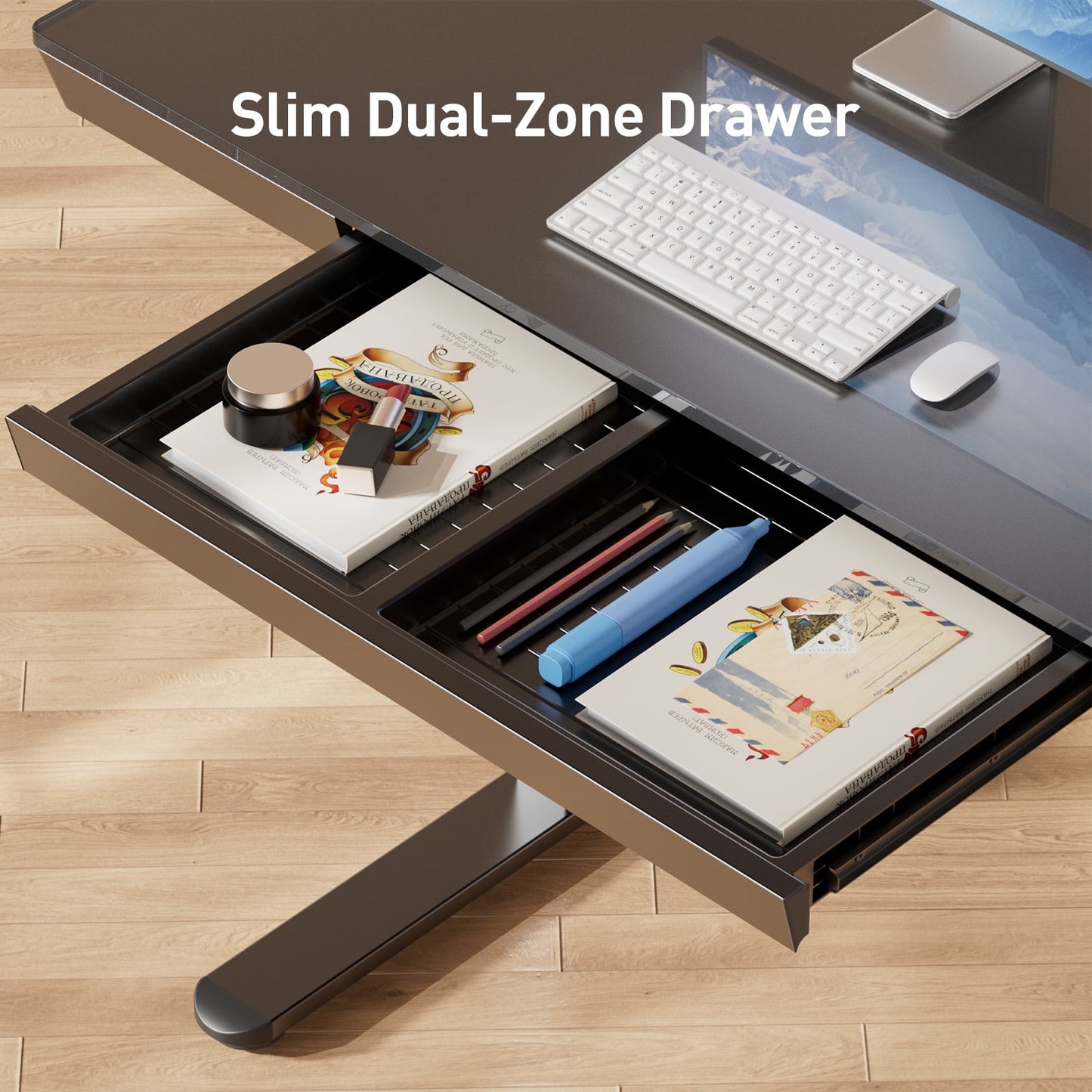 CHITOOMA Glass Top Electric Standing Desk with Drawer, 55'' x 28'' Electric Height Adjustable Desk with USB Charging Ports, Sit Stand up for Home Office