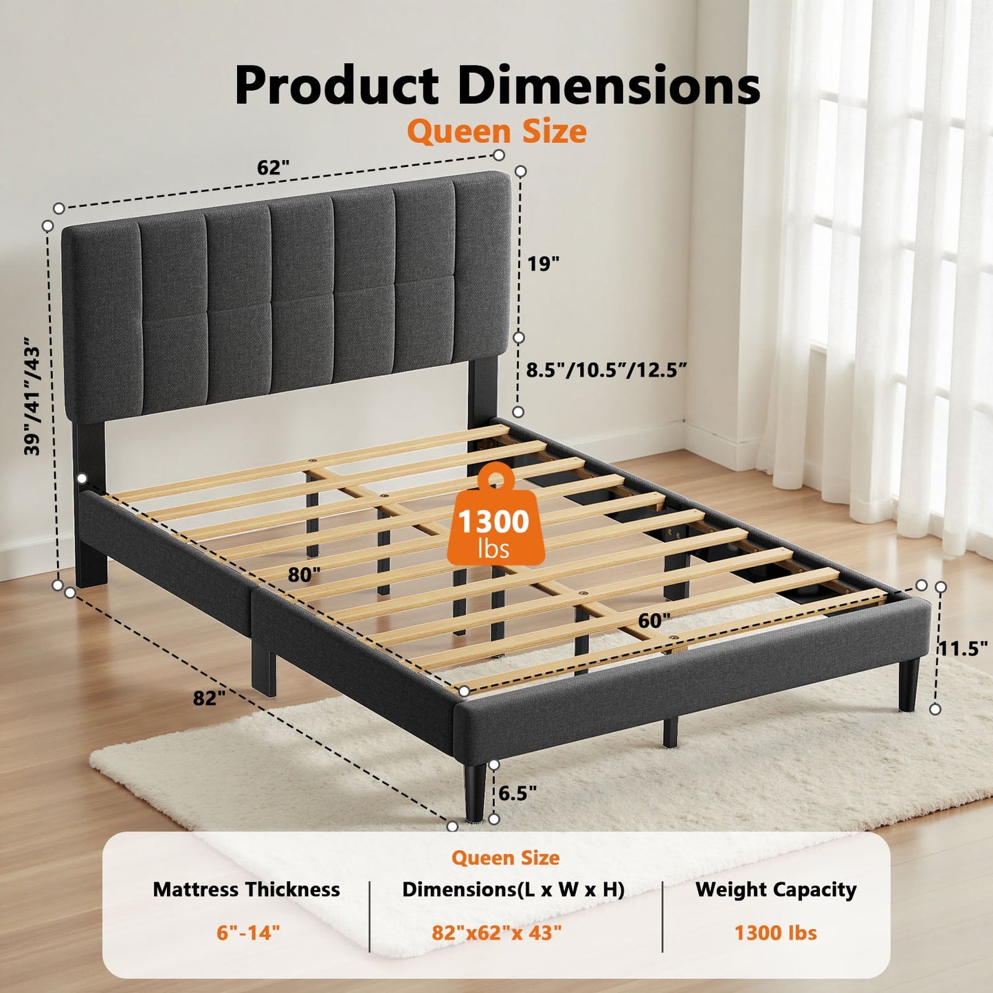 CHITOOMA Queen Bed Frame with Adjustable Headboard, Upholstered Platform Bed Frame Queen Size No Box Spring Needed, Noise-Free, Heavy Duty, Dark Grey