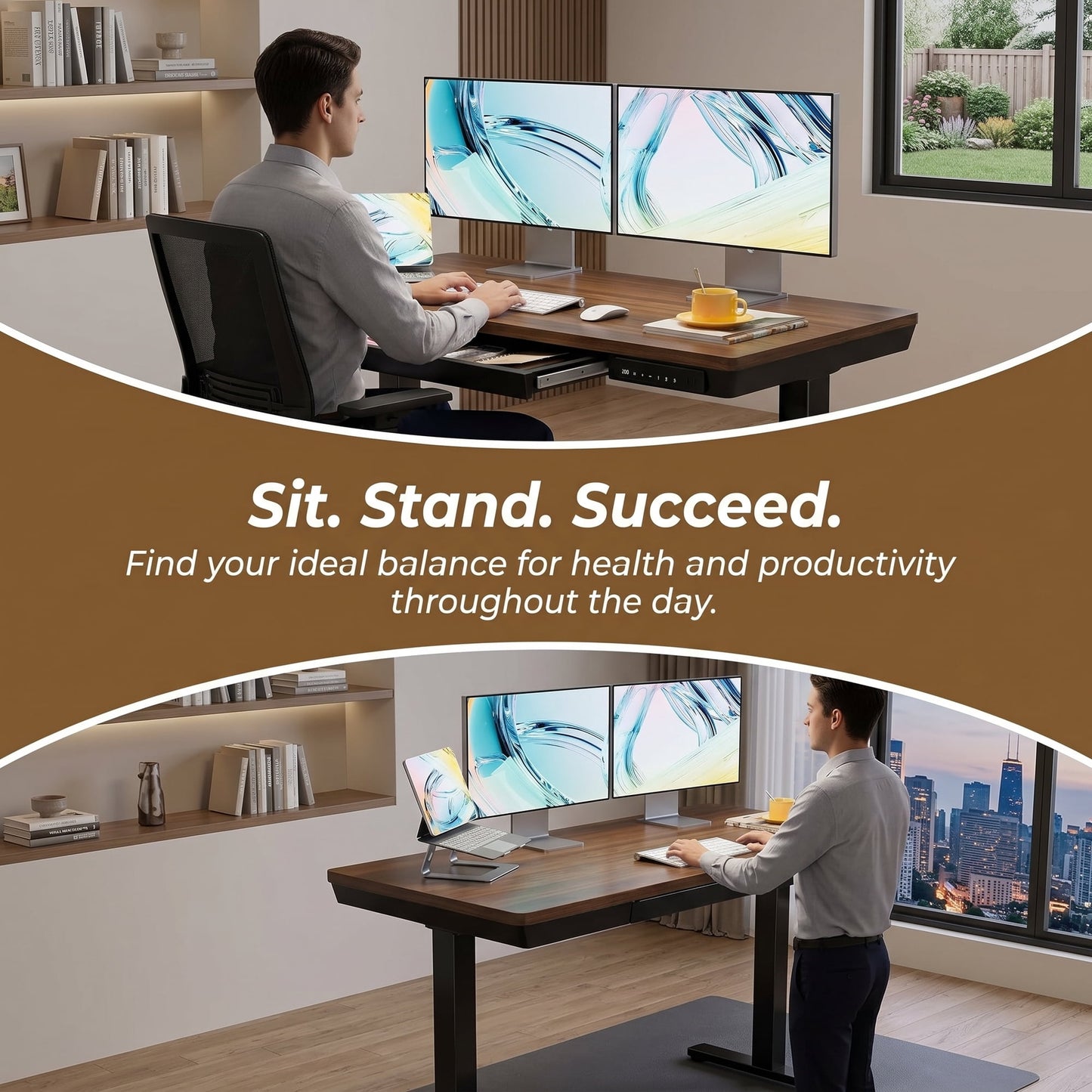 CHITOOMA Glass Top 48" x 24" Electric Standing Desk, Height Adjustable Sit Stand Desk for Home Office, Walnut