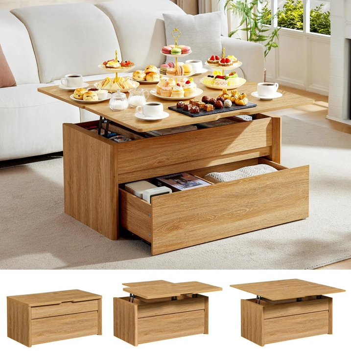 CHITOOMA Living Room Furniture Sets with Lift up Coffee Table & TV Stand with Storage, Natural