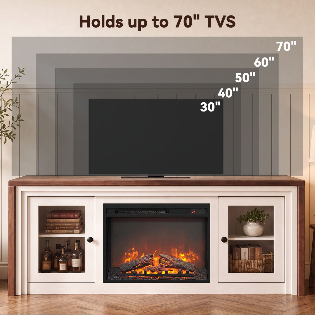 Modern Fireplace TV Stand with 24" Electric Fireplace up to 70" TV, Fireplace TV Console with Glass Barn Doors & Adjustable Shelf, 5100BTU, White