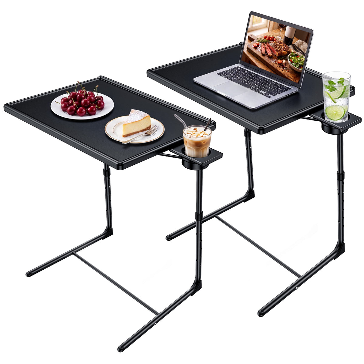 Adjustable TV Tray Table with Cup Holder,2 Pack Foldable TV Dinner Tray Table with 6 Heights & 3 Tilt Angle for Couch, Bed, Sofa & Chair,Black