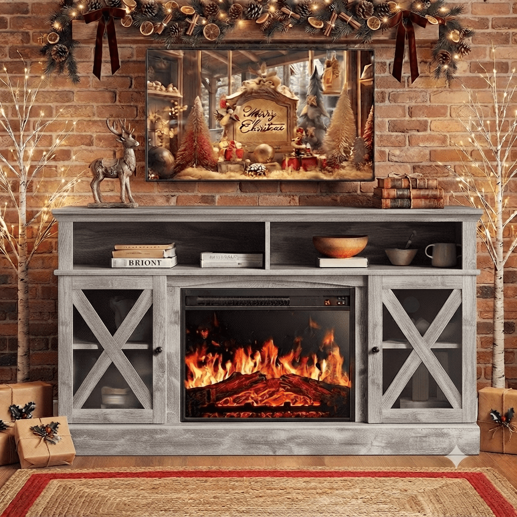 Electric Fireplace TV Stand for 75 inch TVs Farmhouse TV Console with 23″ Fireplace, Gray