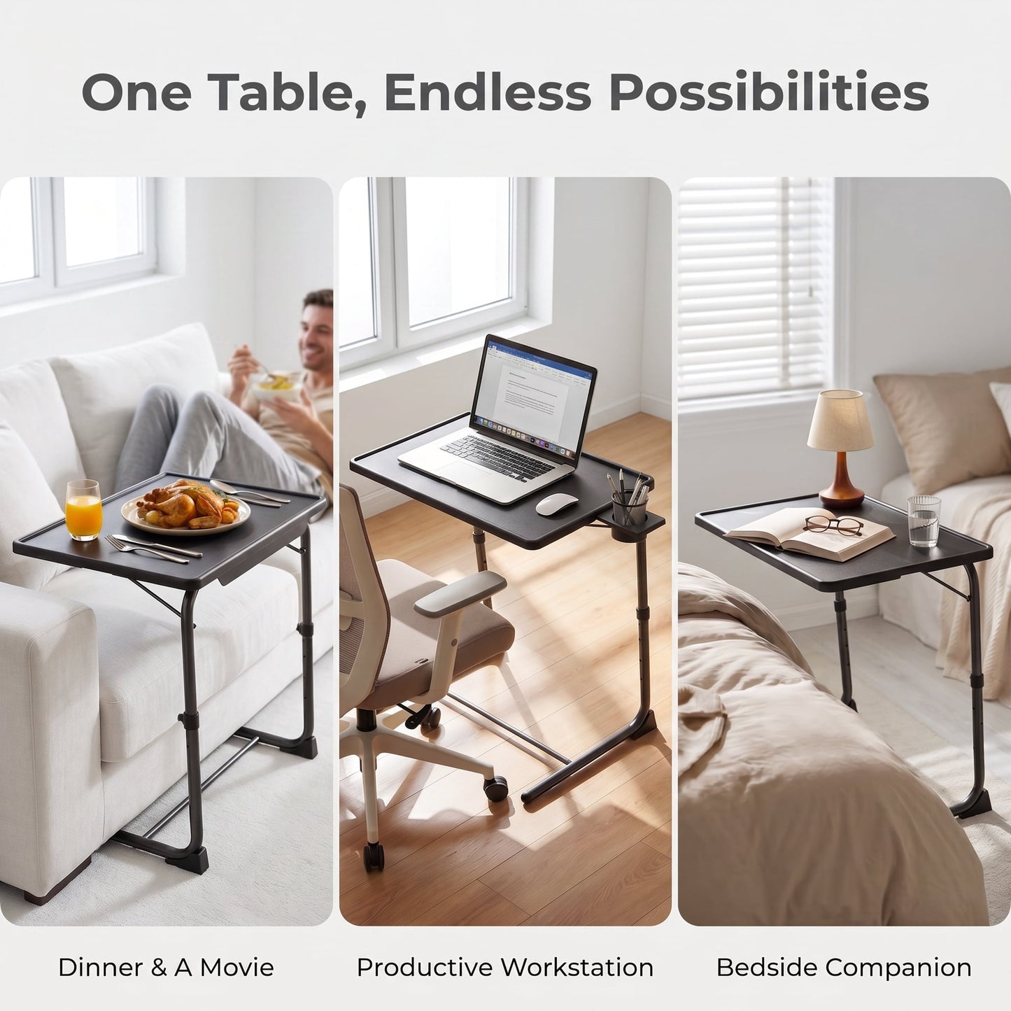 CHITOOMA TV Tray Table with 3" Cup Holder, Adjustable TV Dinner Tray for Eating, 6 Heights & 3 Tilt Angles, Up to Hold 50 lbs, Black