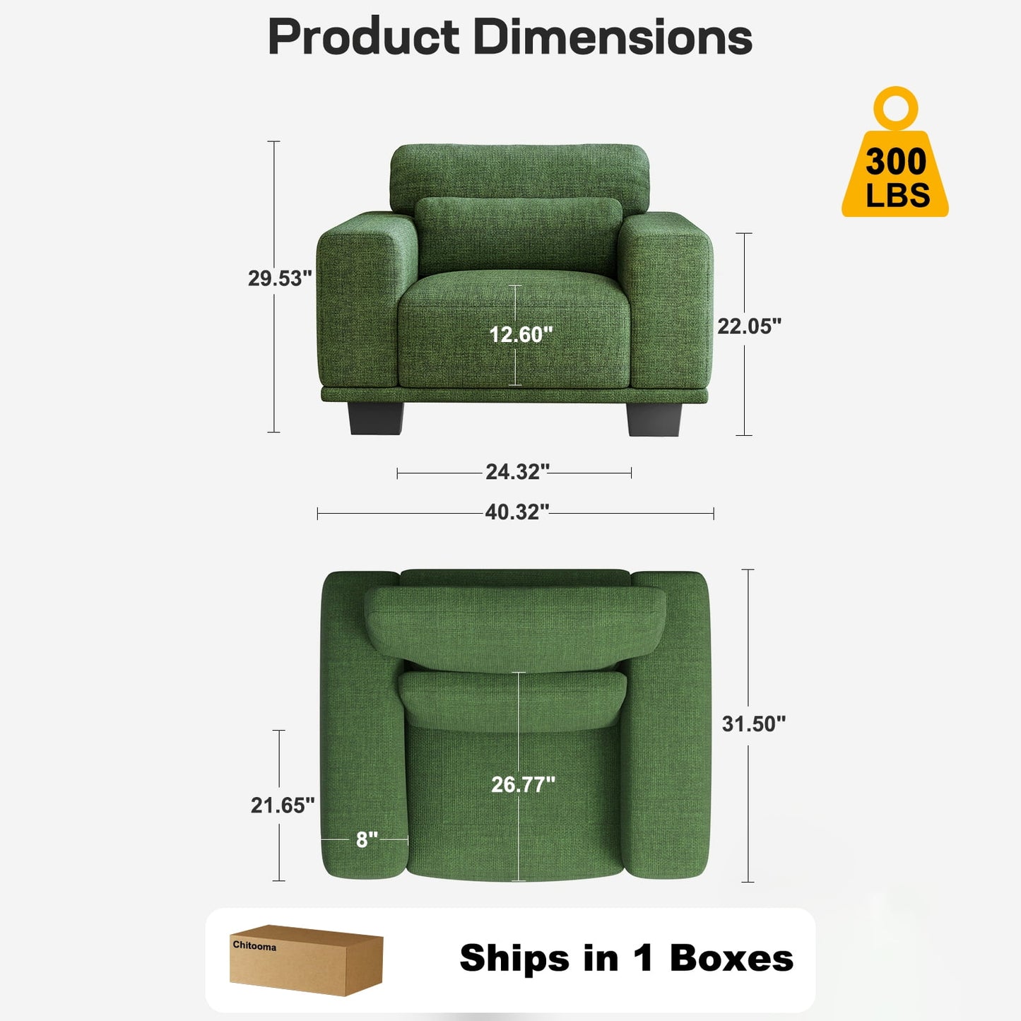CHITOOMA 40" Oversized Accent Chair, Linen Upholstered Armchair with Washable Covers & Pillow, Wide Armrests, Deep Seat Sofa Chair for Living Room, Bedroom, or Office, Green