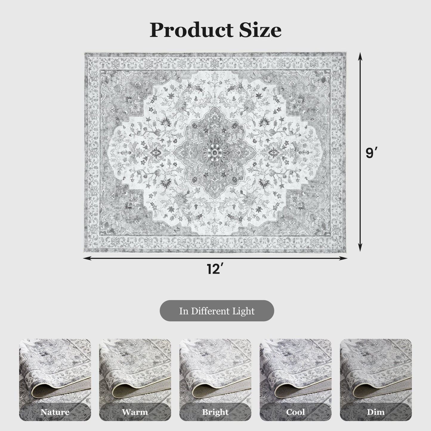 CHITOOMA 9'x12' Boho Area Rugs for Living Room, Machine Washable Stain Resistant Non-Shed Carpet, Floral Area Rug with Non-Slip Backing for Bedroom, Dining Room, Dorm, Office