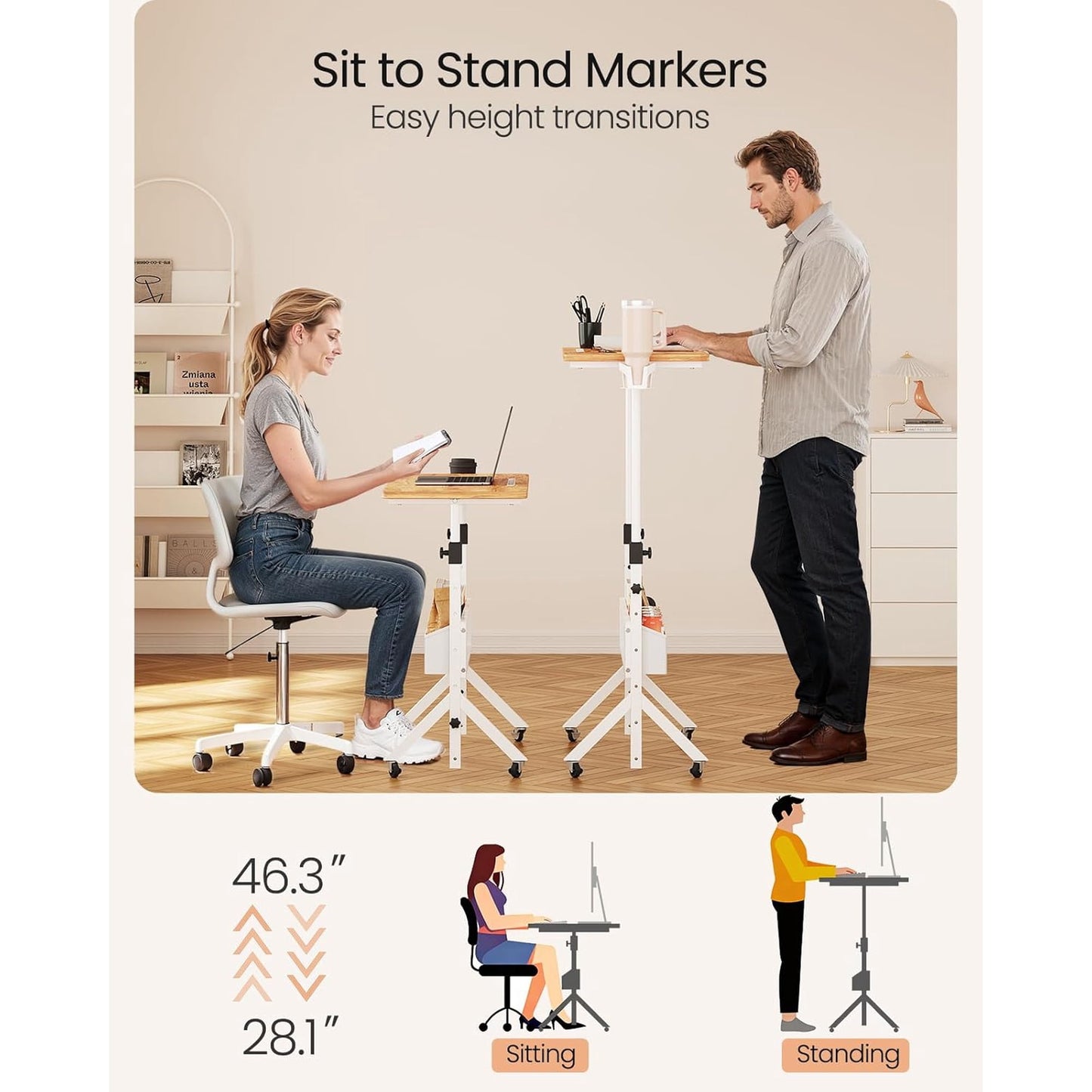Kyspho Mobile Standing Desk with Wheels, Adjustable Height 28.3″ to 46.3″, Rolling Laptop Cart with Cup Holder, Storage Basket, Computer & Pen Slot, Home Office Stand Up Desk, Light Vintage Brown