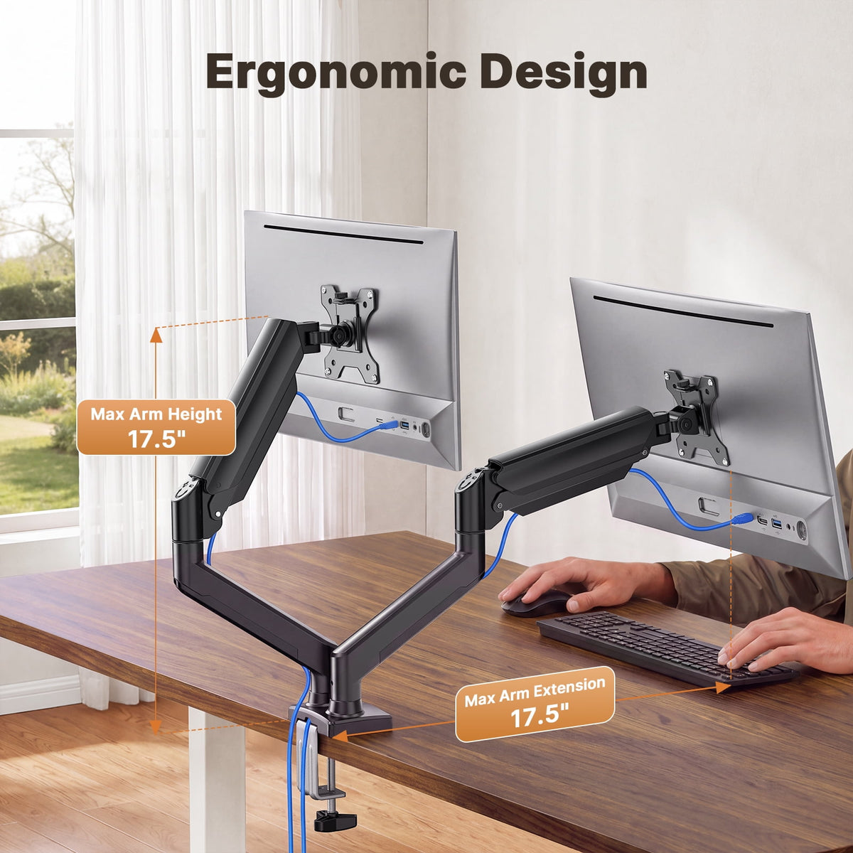 Dual Monitor Mount Stand for 13”-33" Screens, 360° Heavy Duty Adjustable Gas Spring Arm Desk Mount with Tilt, Swivel, Rotation, VESA 100x100, 75x75, Holds Up to 22lbs per Monitor Arm