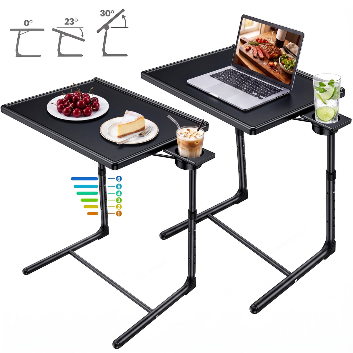 Adjustable TV Tray Table with Cup Holder,2 Pack Foldable TV Dinner Tray Table with 6 Heights & 3 Tilt Angle for Couch, Bed, Sofa & Chair,Black