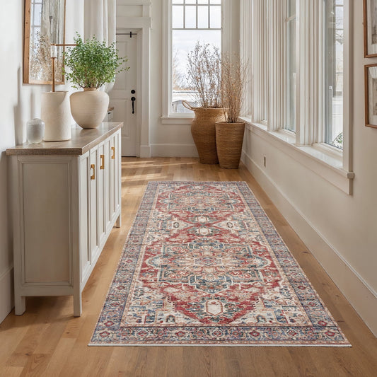 2'x6' Boho Runner Rug for Hallway, Machine Washable Stain Resistant Non-Shed Carpet, Runner Rug with Non-Slip Backing for Kitchen, Entryway, Bedroom, Laundry, Bathroom