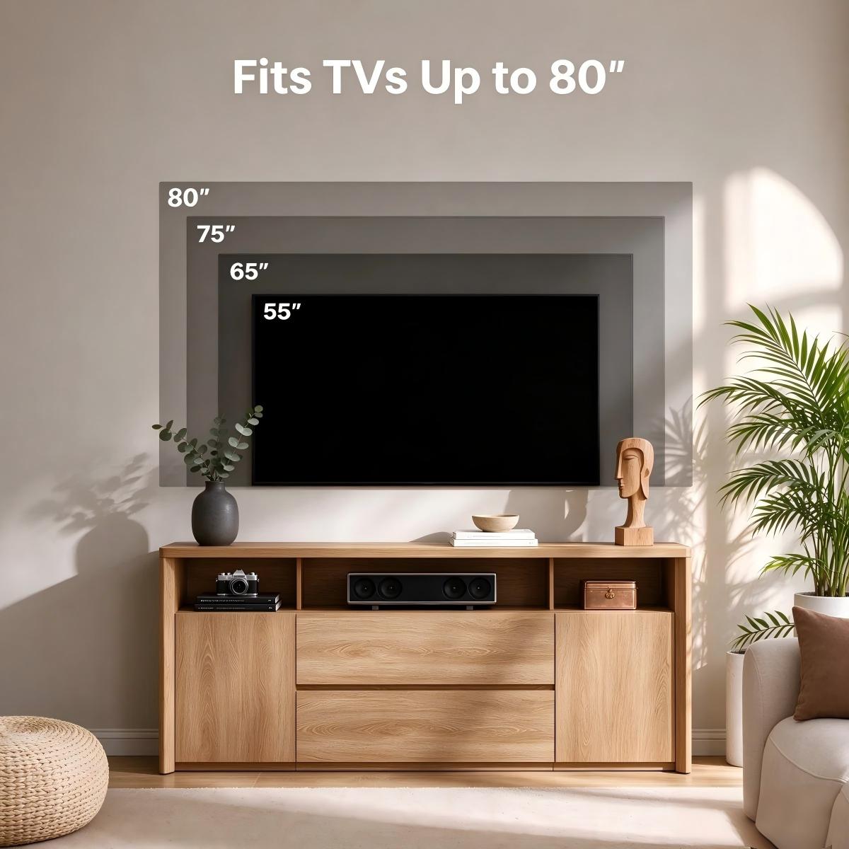 CHITOOMA 69" TV Stand with LED Lights, TV Stand and Charging Station for 80 Inch TVs, Modern Entertainment Center with Storage, Drawers, Cabinets, Open Shelf for Living Room, Bedroom, Natural